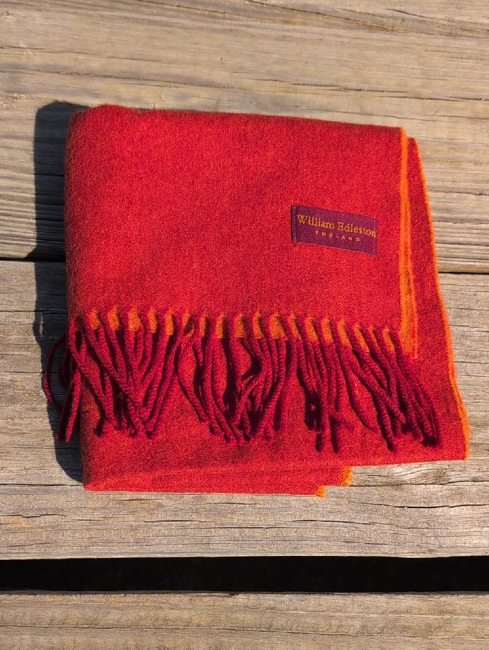 Vintage William Edleston England Red-Orange Reversable Cashmere Fringe Scarf